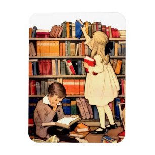 Magnet Flexible Enfants vintage lisant des livres de bibliothèque