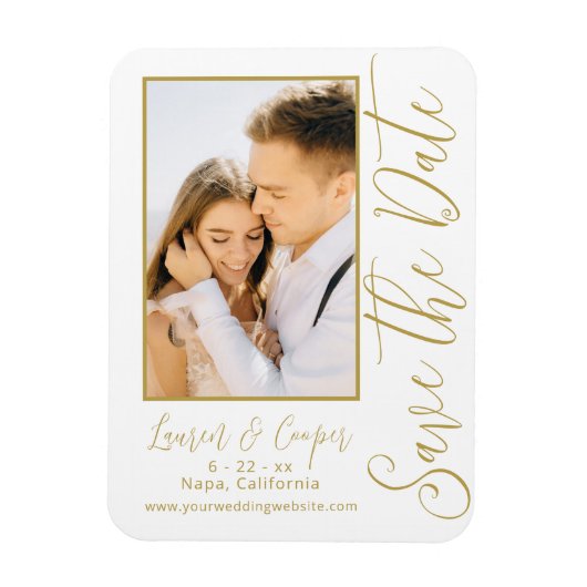 Magnet Flexible Enregistrer La Date Blanc Or Style Mariage Moderne (Vertical)