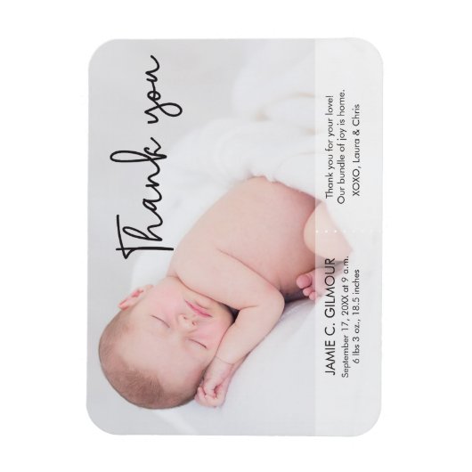 Magnet Flexible Faire-part de naissance bébé, script Merci (Vertical)
