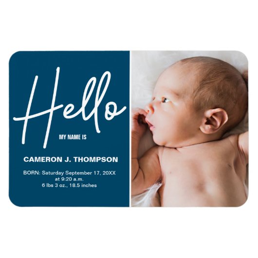 Magnet Flexible Faire-part de naissance photo moderne Blue Hello B (Horizontal)