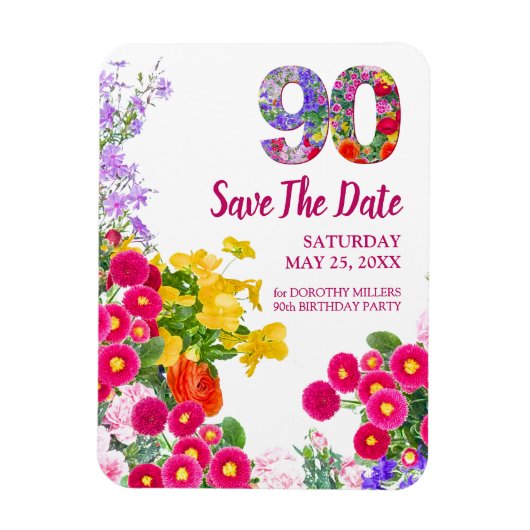 Magnet Flexible Faire-part moderne de fleurs pour 90e anniversaire (Vertical)