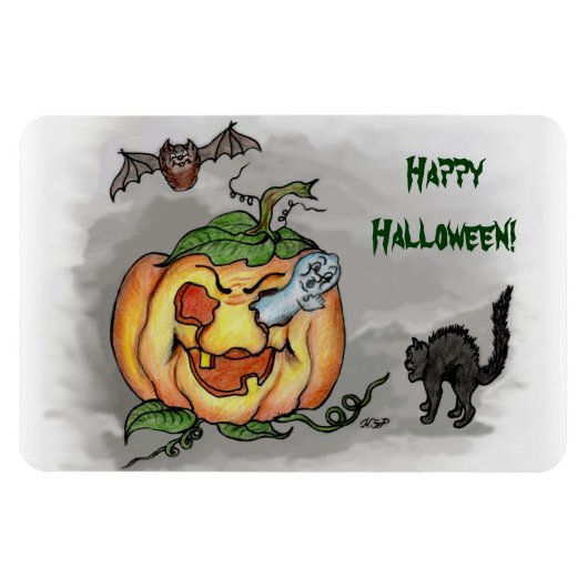 Magnet Flexible fantôme, chauve-souris et chat, Joyeux Halloween ! (Horizontal)