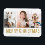 Magnet Flexible Faux Gold Parties scintillant Trois photos Collage<br><div class="desc">Joyeux Noël | Ajoutez une touche d'étincelle à votre saison de vacances avec notre aimant photo de Noël personnalisable, avec des lettres de parties scintillant or accrocheuses ! Cet aimant festif est une façon délicieuse de présenter votre photo de vacances préférée tout en envoyant des voeux chaleureux à vos amis...</div>