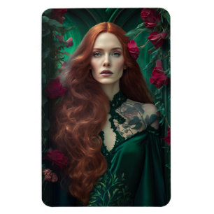 Magnet Flexible Femme Aux Cheveux Rouges En Robe Vert Émeraude.