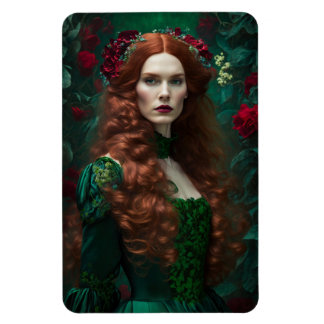 Magnet Flexible Femme Aux Cheveux Rouges En Robe Vert Émeraude.