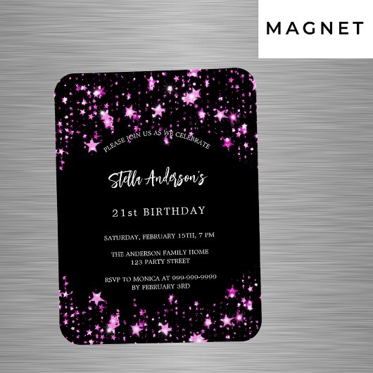 Magnet Flexible fête d'anniversaire noir rose étoiles invitation d
