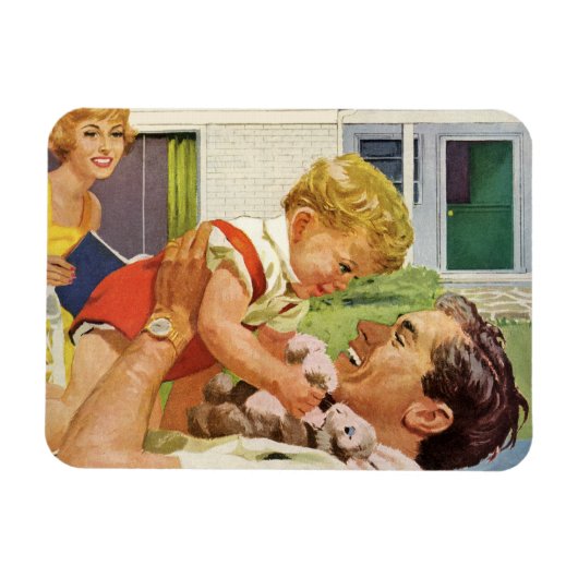 Magnet Flexible Fête des pères vintage, famille heureuse en banlie (Horizontal)