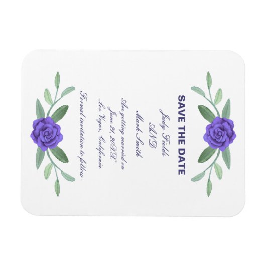 Magnet Flexible Feuillage Floral Bleu Violet Économisez La Date (Horizontal)