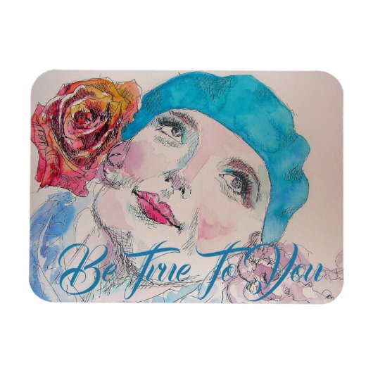 Magnet Flexible Fille avec Rouge Rose Beret Aquarelle Anniversaire (Horizontal)