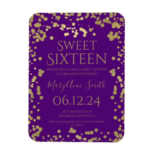 Magnet Flexible Fille Gold Foil Confetti Sweet 16 Invitation Viole (Vertical)