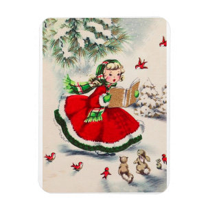 Magnet Flexible Fille vintage de Noël dans la forêt