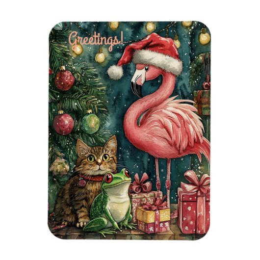 Magnet Flexible Flamant rose rose Chat & Grenouille Noël tropical (Vertical)