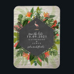 Magnet Flexible Flamant rose Tropical Botanical Mariage en briques<br><div class="desc">Un mariage sauvez l'aimant de date avec un design botanique tropical avec un design géométrique en damier sur un arrière - plan en brique blanche. Illustration Flamant rose au-dessus du texte.</div>