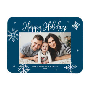 Magnet Flexible Flammes de neige Whimsical Blue Happy Holidays Pho