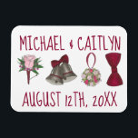 Magnet Flexible Fleurs Bell Mariage personnalisées Bowtie Bouquet<br><div class="desc">Le design de l'aimant présente l'illustration originale d'une rangée de motifs mariages classiques,  dont une cloche,  une cravate,  un bouquet de fleurs et une boutonnière. Personnalisez simplement vos informations. Ne vois-tu pas exactement ce que tu cherches ? Contactez Rebecca pour avoir un produit customisé pour vous !</div>