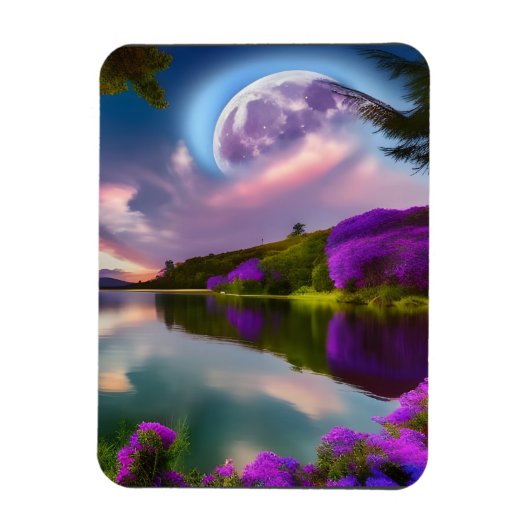 Magnet Flexible Fleurs violettes Lune et reflet de lac (Vertical)