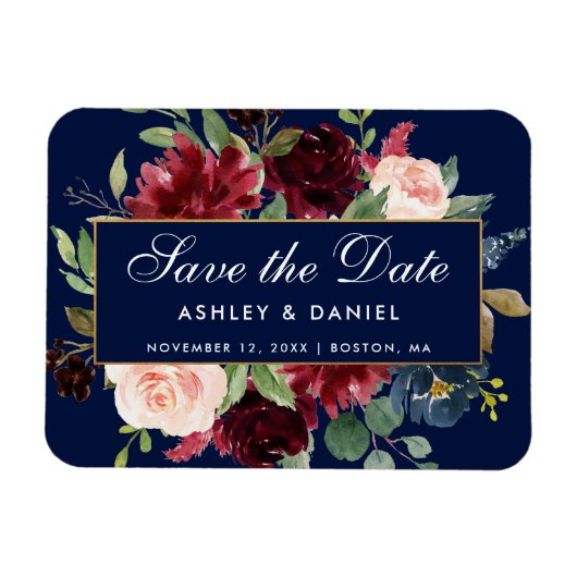 Magnet Flexible Floral Bleu Bourgogne Or Enregistrer La Date (Horizontal)