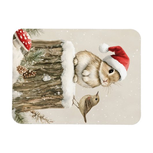 Magnet Flexible Forêt enneigée Bois hivernal Noël Lapin Oiseau (Horizontal)