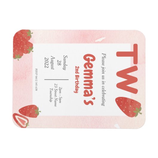 Magnet Flexible Fraise Invitation de deux ans (Horizontal)