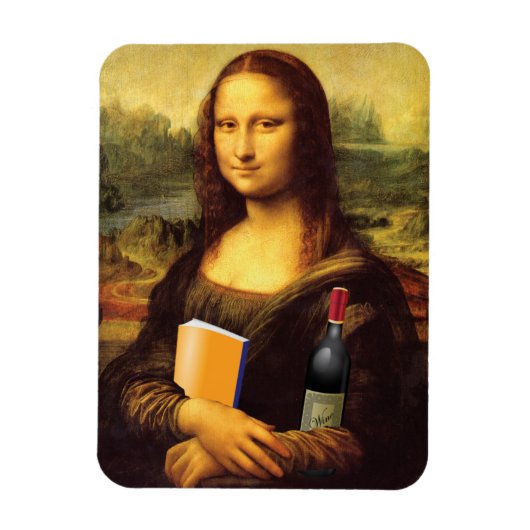 Magnet Flexible Funny Mona Lisa avec du vin et du livre (Vertical)