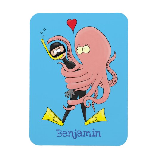 Magnet Flexible Funny octopus hugs diver cartoon humour (Vertical)