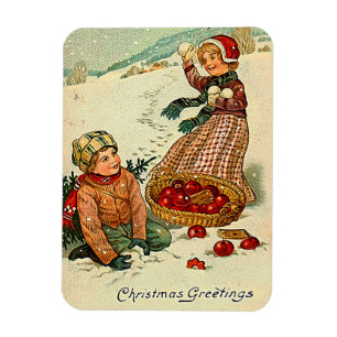 Magnet Flexible Garçon et fille Jouer dans la neige Vintage Noël