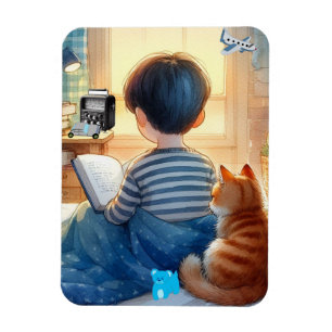 Magnet Flexible Garçon lisant des livres avec son chat 