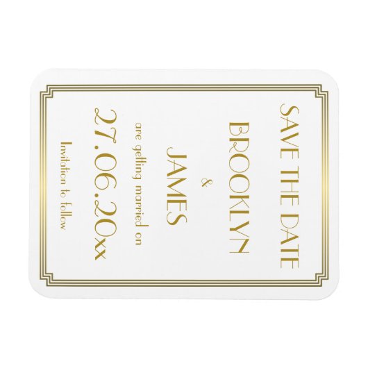 Magnet Flexible Gatsby Art Déco Mariage Blanc Enregistrer La Date  (Horizontal)