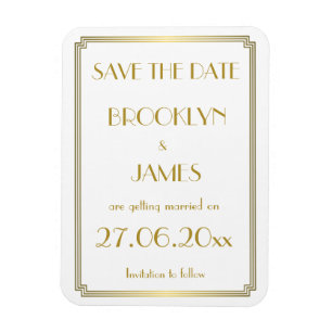 Magnet Flexible Gatsby Art Déco Mariage Blanc Enregistrer La Date 