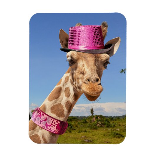 Magnet Flexible Giraffe dans un casquette rose étincelant (Vertical)