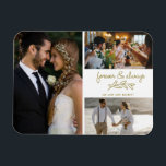 Magnet Flexible Gold Forever Toujours Photo Collage Mariage<br><div class="desc">Gold pour toujours et toujours concevoir mariage merci magnets avec trois de vos photos de mariage préférées. Montrez à votre famille et à vos amis votre appréciation d'avoir participé à votre célébration mariage avec l'un de ces beaux cadeaux. Customisez avec des noms. Contactez-moi par le bouton ci-dessous si vous avez...</div>