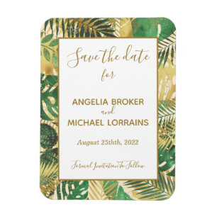 Magnet Flexible Gold Green Tropical Feuilles Enregistrer la date M