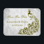 Magnet Flexible Gold Peacock Leaf Vine Enregistrer l'aimant de dat<br><div class="desc">Annoncez votre prochain jour de mariage pour la famille et les invités avec un Gold Peacock Leaf Vine Save the Date Magnet. Le design de l'aimant est composé d'un arrière - plan gris clair avec un paon doré et plein de vitamine, orné d'une feuille de vigne. Personnalisez avec les noms...</div>