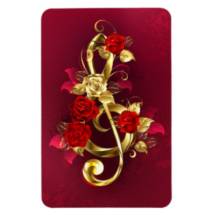 Magnet Flexible Golden Treble Clef avec fleurs Roses