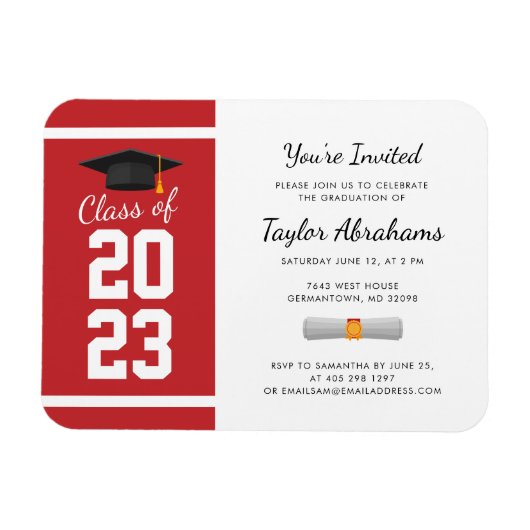 Magnet Flexible Graduate Red White Graduation 2025 Invitation (Horizontal)