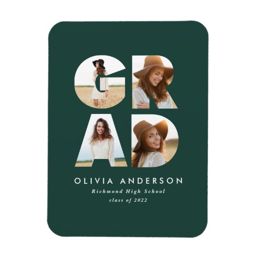 Magnet Flexible Graduation 4 photo moderne faire-part vert (Vertical)