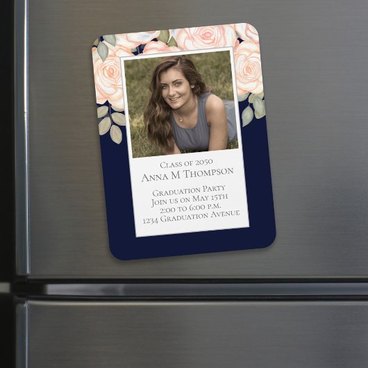 Magnet Flexible Graduation Simple Photo Floral Rose Marine Bleu