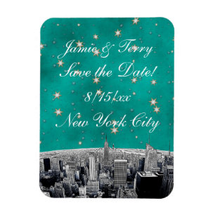 Magnet Flexible Gravure de la skyline de NYC 2 Teal Gold Star Save