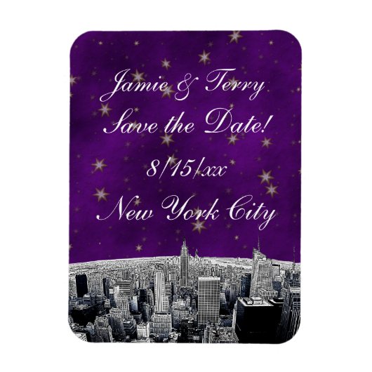 Magnet Flexible Gravure de la skyline de NYC 2 Violet Or Save Date (Vertical)