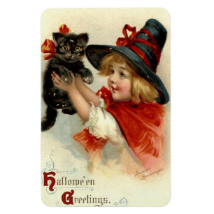 Magnet Flexible Halloween Salutations Girl avec Chat Noir Vintage