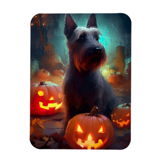 Magnet Flexible Halloween Terrier écossais avec la peur Citrouille (Vertical)