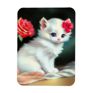 Magnet Flexible Illustration vintage de Kitten blanc avec fleurs r