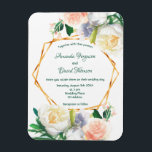 Magnet Flexible Invitation à fleurs mariage blanc rose pâle<br><div class="desc">Décoré de grands roses luxuriants couleur eau blanc, rose vif et un peu de bleu et de corail. Arrière - plan blanc élégant. Modèle pour les noms et les détails du mariage. Les noms sont écrits avec un script de style moderne et élégant écrit à la main. Lettres de couleur...</div>