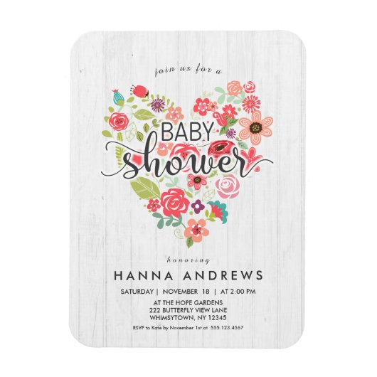 Magnet Flexible Invitation Baby shower fille en bois blanc et coeu (Vertical)