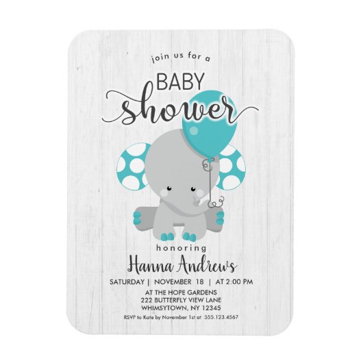 Magnet Flexible Invitation Baby shower Turquoise éléphant en bois (Vertical)