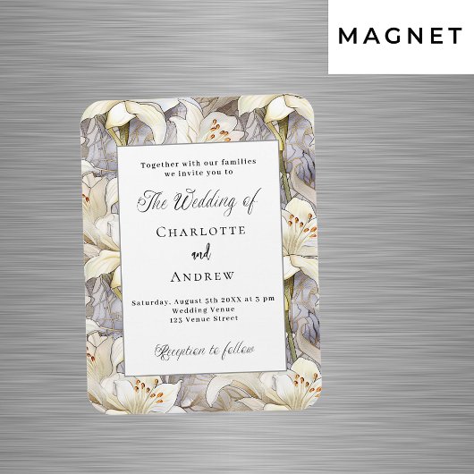 Magnet Flexible Invitation de mariage rétro argent lis blancs