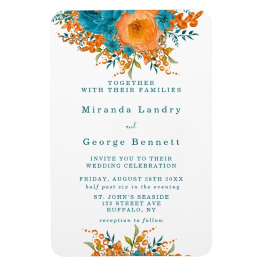 Magnet Flexible Invitation de mariage turquoise et orange de fleur (Vertical)