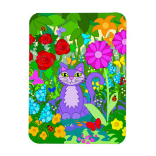 Magnet Flexible Jardin coloré Chat Art Imaginaire Fleurs Ladybugs