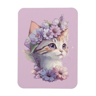 Magnet Flexible Joli Chat Aquarelle Violette avec Flore