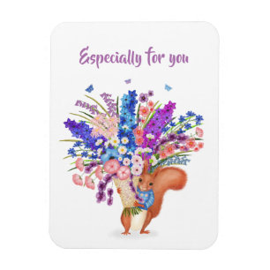 Magnet Flexible Joli écureuil roux avec fleurs aimant